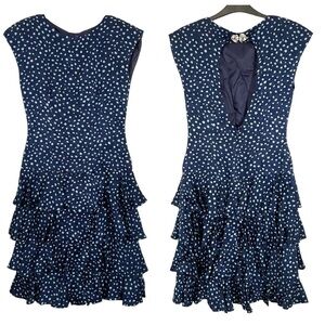 Vintage A J Bari Navy Blue 100% Silk Polka Dot Tiered Ruffle Cutout Dress Sz 4